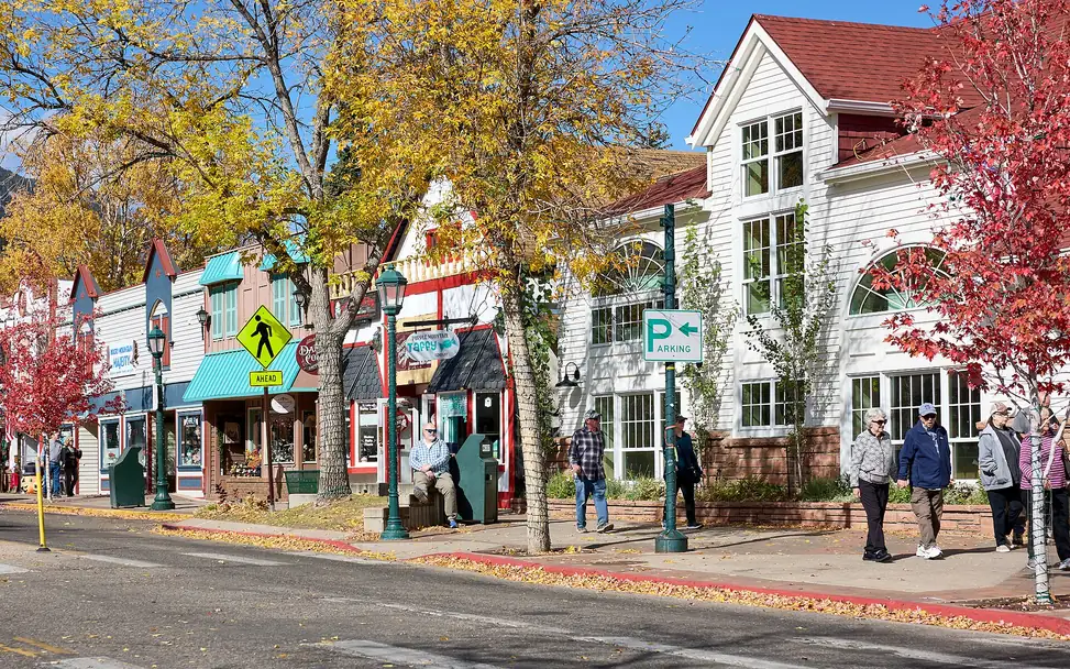 Shops and storefronts along West Elkhorn Avenue in downtown Estes Park, Colorado