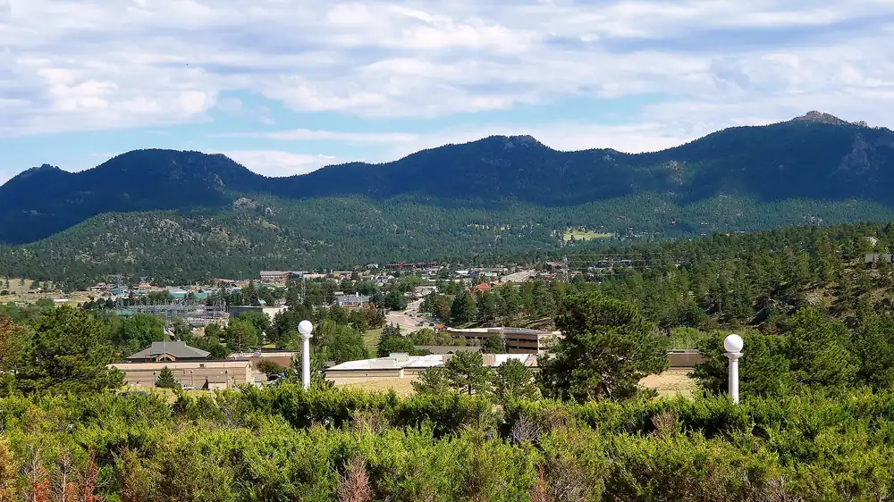 Panoramic view over the town of Estes Park and surrounding Rocky Mountains, Colorado